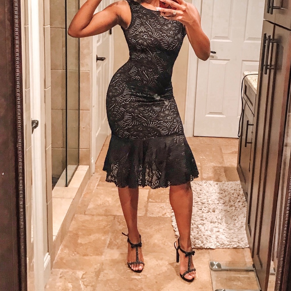 Nude and black midi dress